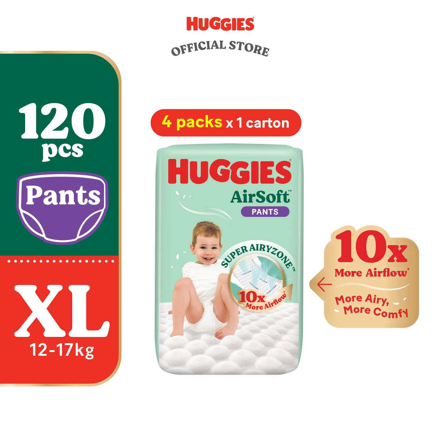 HUGGIES AirSoft Pants Diapers M46 / L36 / XL30 / XXL24 (4 packs) - Breathable and soft premium diapers for baby
