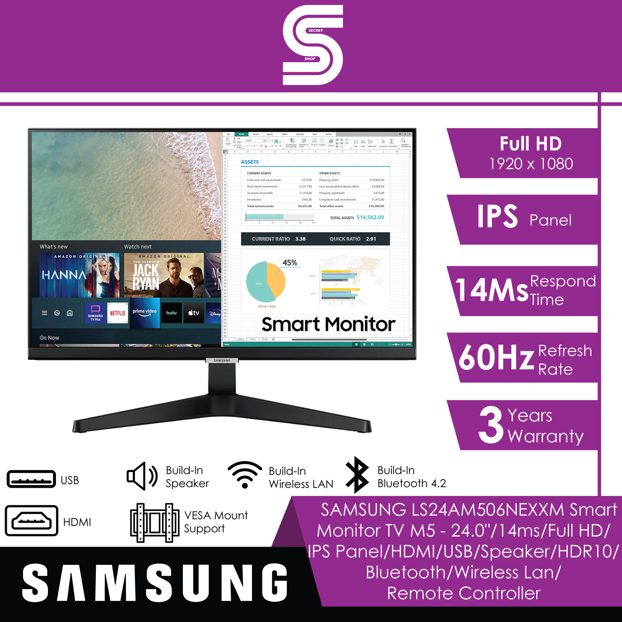 SAMSUNG LS24AM506NEXXM Smart Monitor TV M5 - 24.0"/14ms/Full HD/ IPS Panel/HDMI/USB/Speaker/HDR10/ Bluetooth/Wireless Lan/ Remote Controller