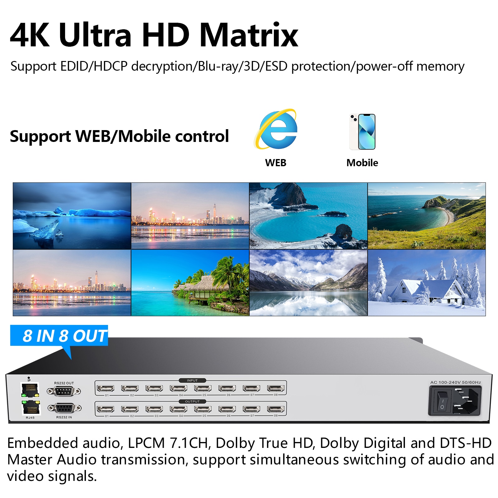 Profesional Matrix Switch Splitter 8x8 4K 30Hz 1080P120Hz HDMI-compatible 8in 8out HDCP Blu-ray 3D WEB/Panel/Remote Control ราคา 13,106 บาท*ส่งฟรี