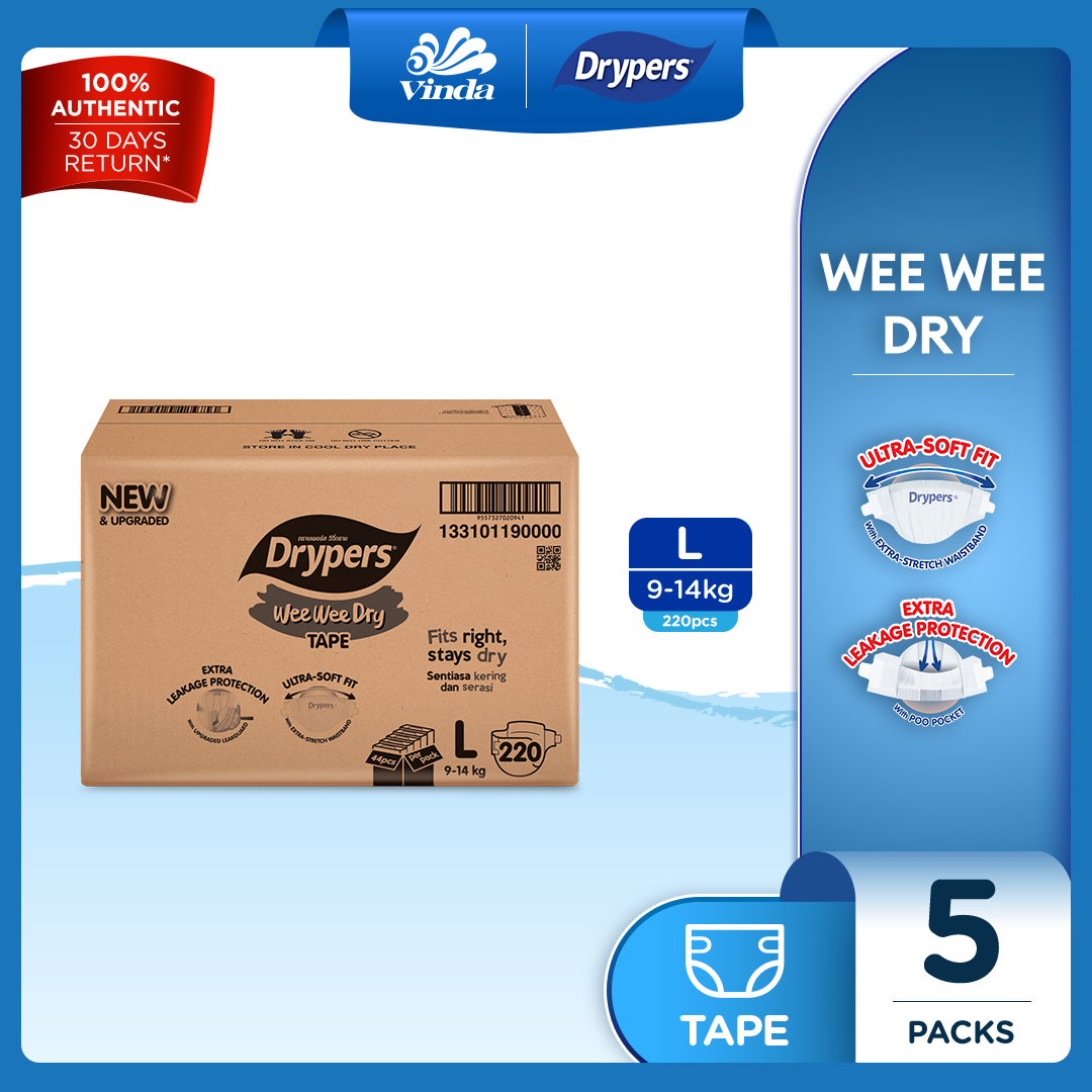 [NEW & UPGRADED] Drypers Wee Wee Dry Baby Tape Diapers M52/ L44/ XL36/ XXL32s (5 Packs) - Super Dry Soft & Fit