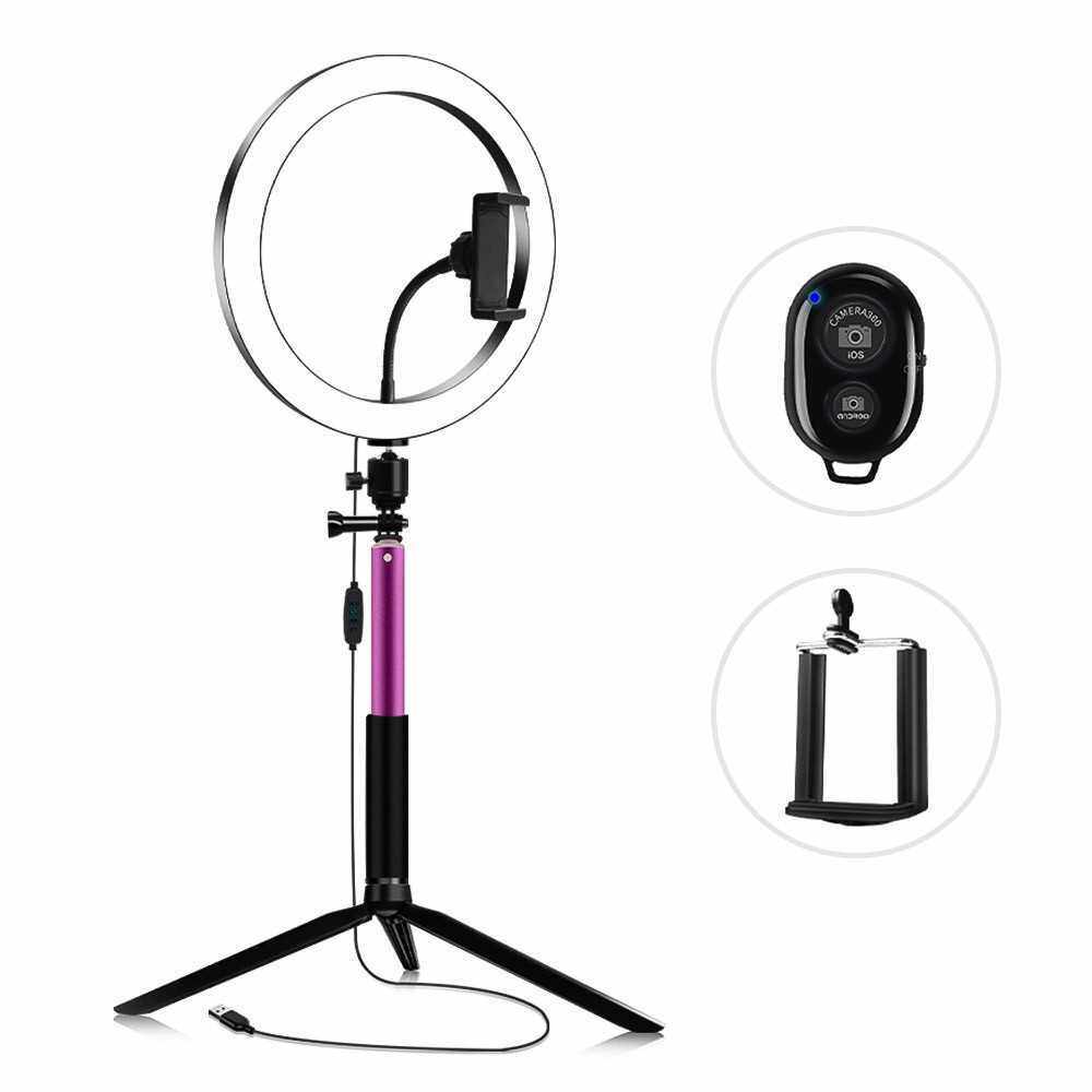 26cm/10 Inch Diameter 3200K-5600K Bi-color Beauty Ring Video Light Kit 3 Lighting Modes Equipped with Ball Head with Phone Remote Control Phone Holder Tabletop Tripod Pink Selfie Stick for Live Streaming Making-up Video Recording Selfie Still Life Photo