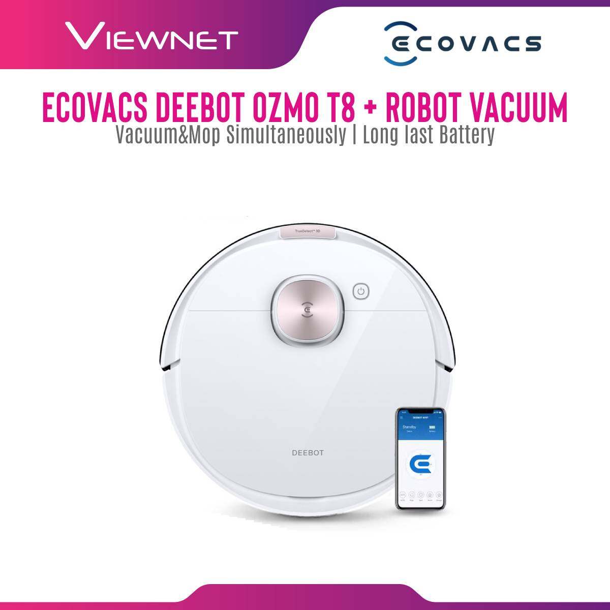 ECOVACS DEEBOT OZMO T8+ Robot Vacuum Cleaner withã€Auto-Empty Dustbinã€‘OZMO Mopping Technology 180min Working time Intelligent Robotic Vacuum and Mop Vacuum [Local Shipping & 1 Year Warranty]