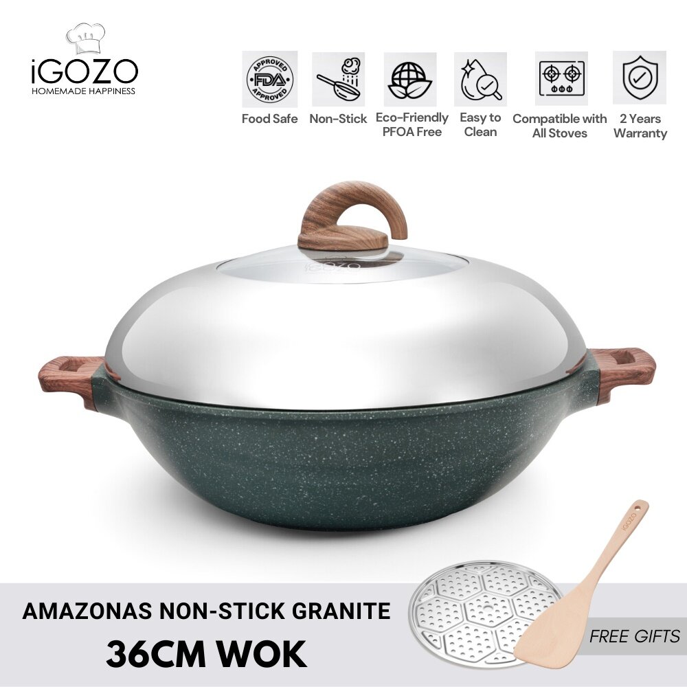 iGOZO Amazonas 36cm Premium Granite Wok (Induction Base) (Free 32cm Stainless Steel Steam Rack + Wooden Spatula)