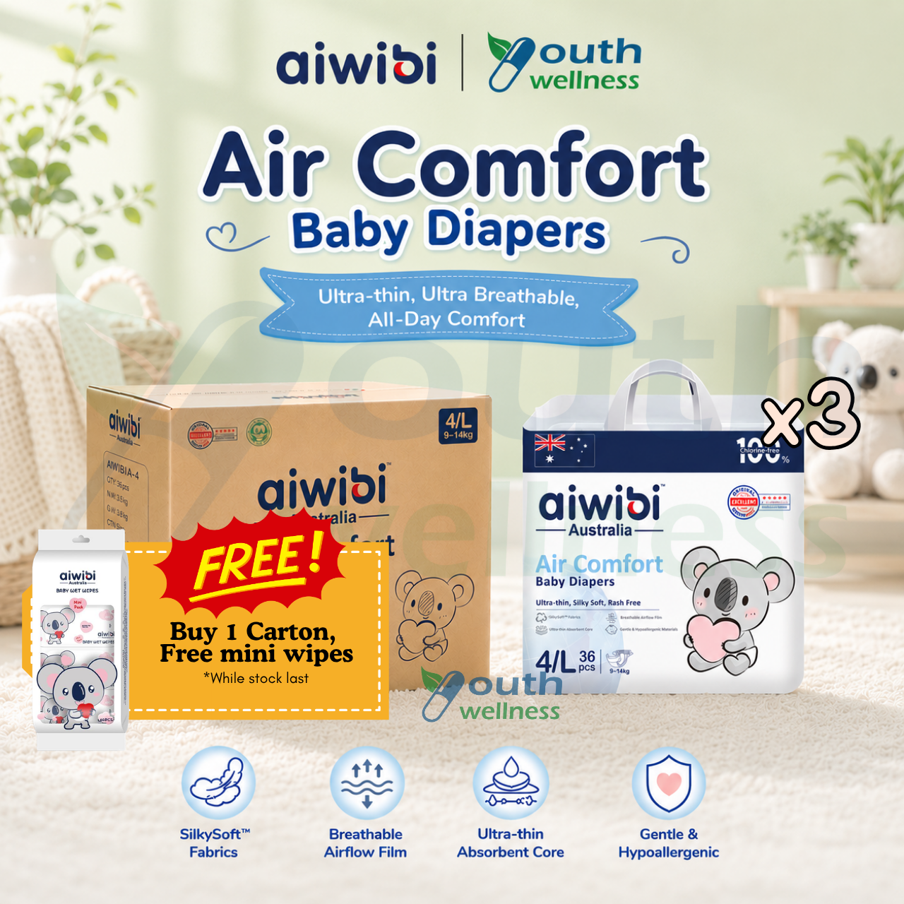 [Carton] Aiwibi Air Comfort Baby Diaper Tape / Pants (3 or 6 Packs) Ultra Thin
