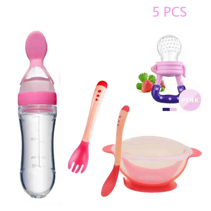 5 pcs/set Baby Food Feeder Kit Infant Fruit Feeder Pacifier Teething Toy + Temperature Sensing Spoon Fork+Sucking Bowl + Squeeze Feeding Spoon Food Dispenser Bottle gift