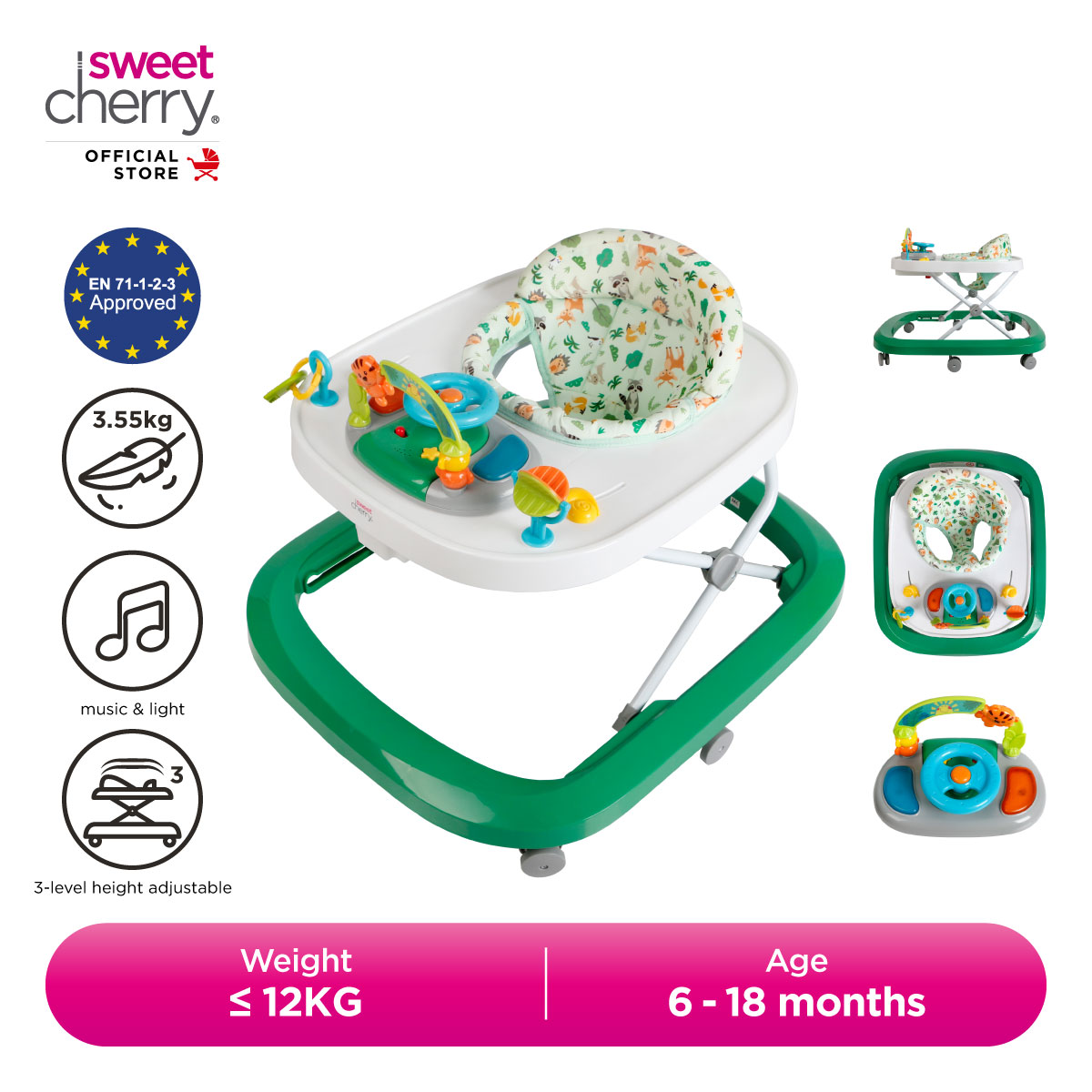 Sweet Cherry Baby Learning Walker Adjustable Height with Lively Music & Cool Light J1551AJ Mitsy Baby Walker