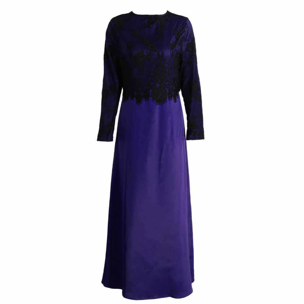 New Women Muslim Long Dress Lace Crochet Maxi Dress Long Sleeve Splicing Zipper Gown Elegant Swing Dress Khaki/Dark Green/Purple (Purple)