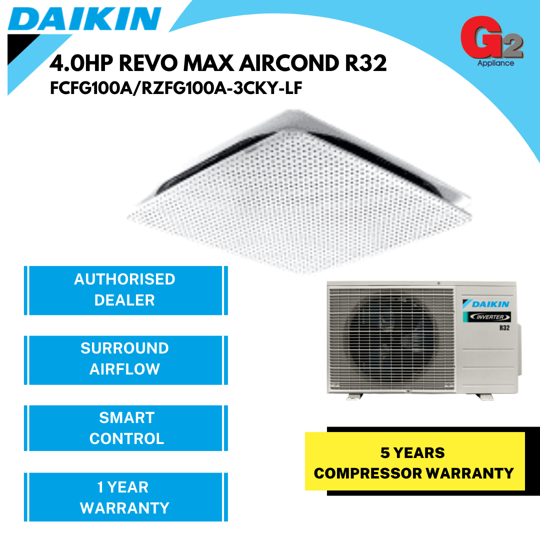 DAIKIN 4.0HP PREMIUM CASSETTE REVO MAX [INVERTER] FCFG100A/RZFG100A-3CKY-LF (READY STOCK)-DAIKIN WARRANTY MALAYSIA