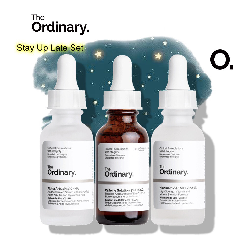 The ordinary stay up late set alpha arbutin 2% + ha / caffeine 5% + egcg / niacinamide 10% + zinc 1% - 3×30ml