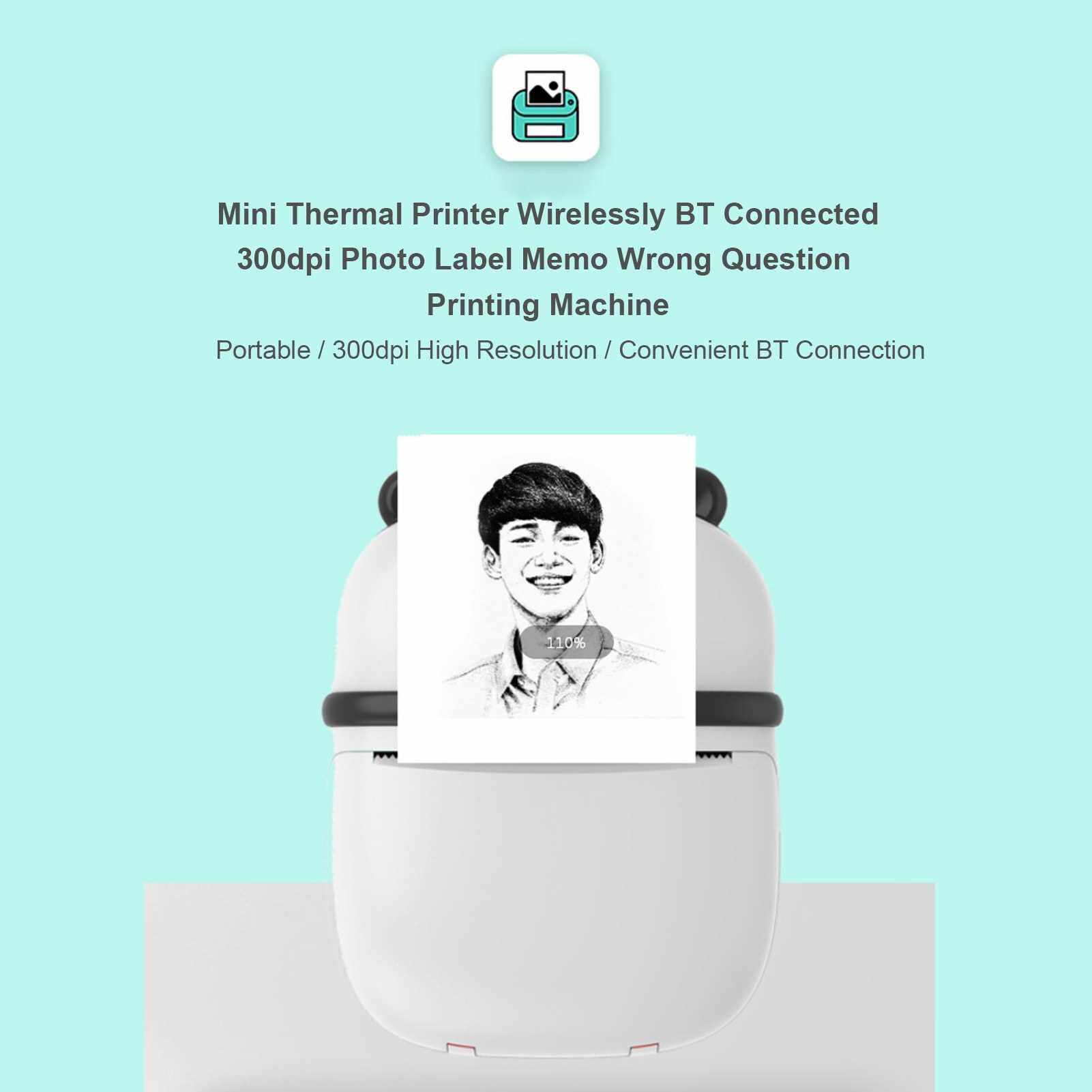Mini Thermal Printer Wirelessly BT Connected 300dpi Photo Label Memo Wrong Question Printing Machine Tool Portable for Home Office Daily Use Students (Blue)