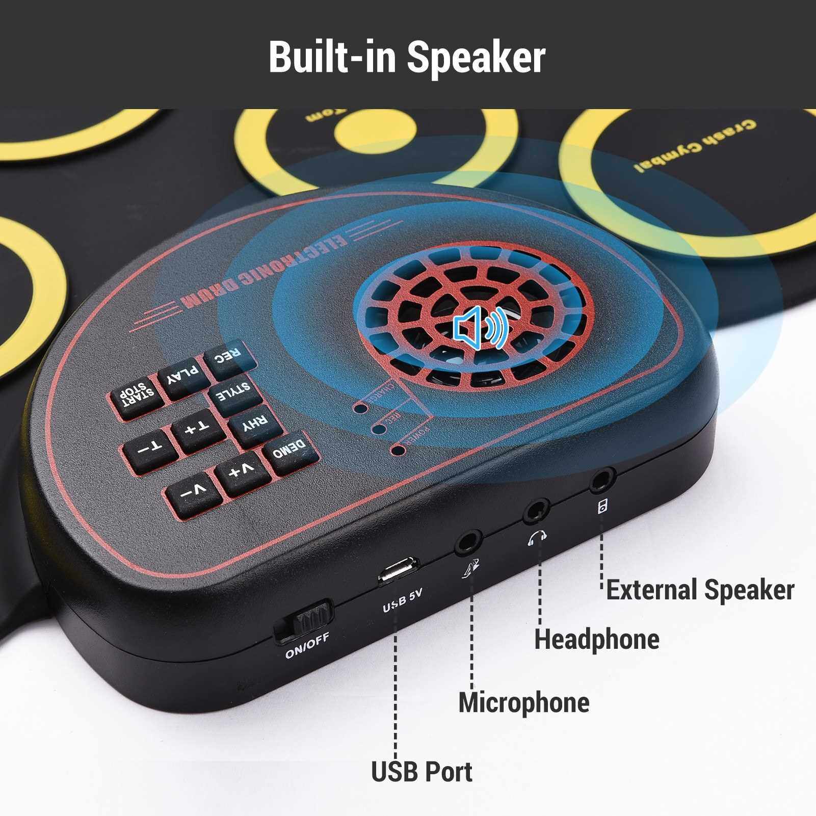 Portable Folding Electronic Drum Pad Silicon Digital Drum 9 Demo Songs 10 Rhythms Record 3.5mm Microphone Input Headphone Monitoring External Speaker Output with Foot Pedals Drum Sticks (Standard)