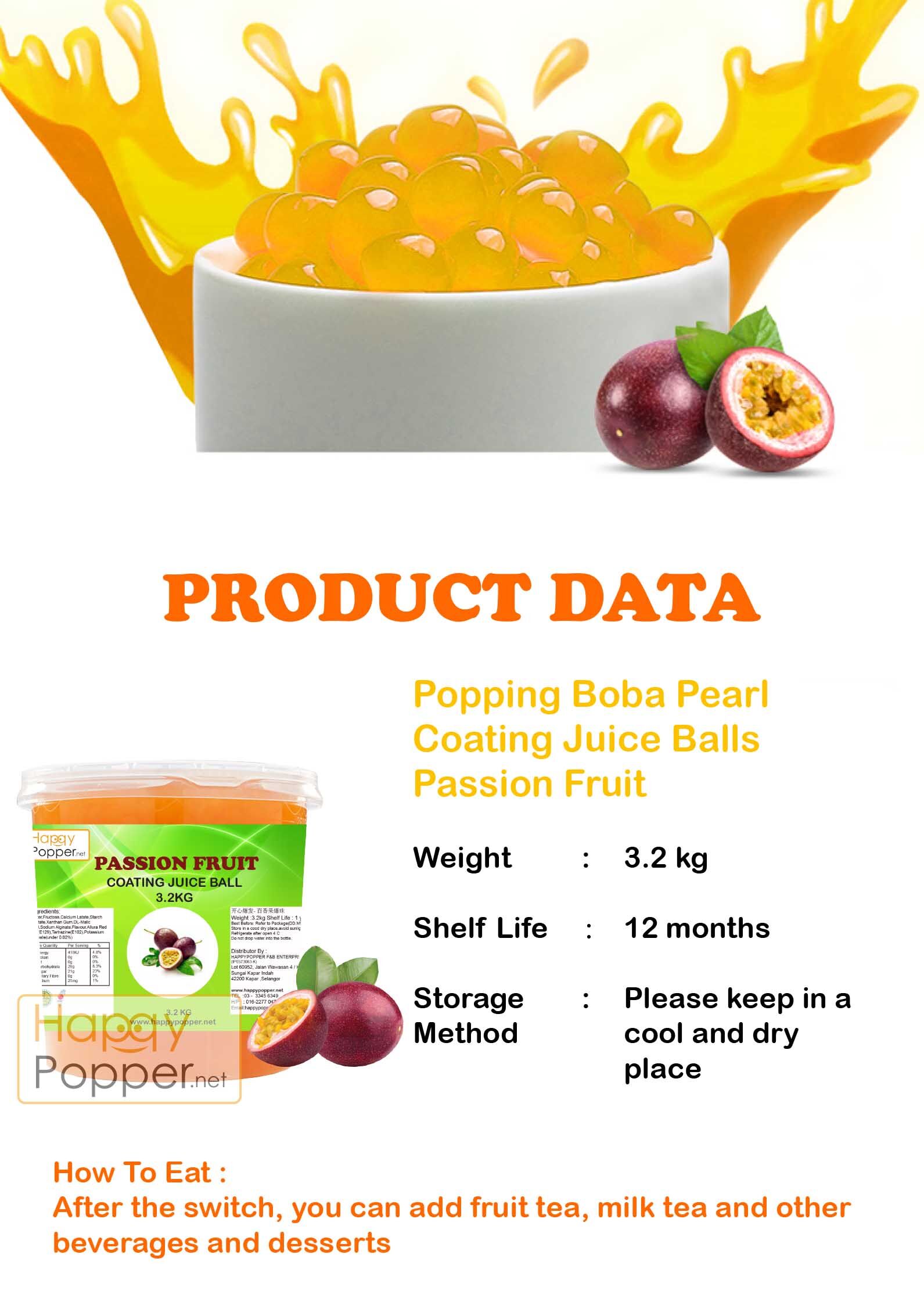 happypopper Popping boba pearl coating juice balls passion fruit 3.2kg
