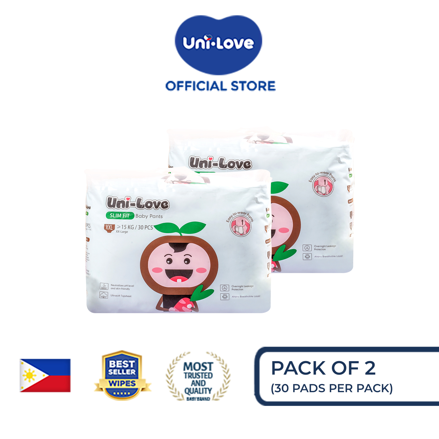 UniLove Slim Fit Baby Pants 30s (XX-Large) Pack of 2 - Hypoallergenic | Super Absorbent | Ultrasoft | Neutralizes PH Level | Double Leakguard | Pants type | Breathable