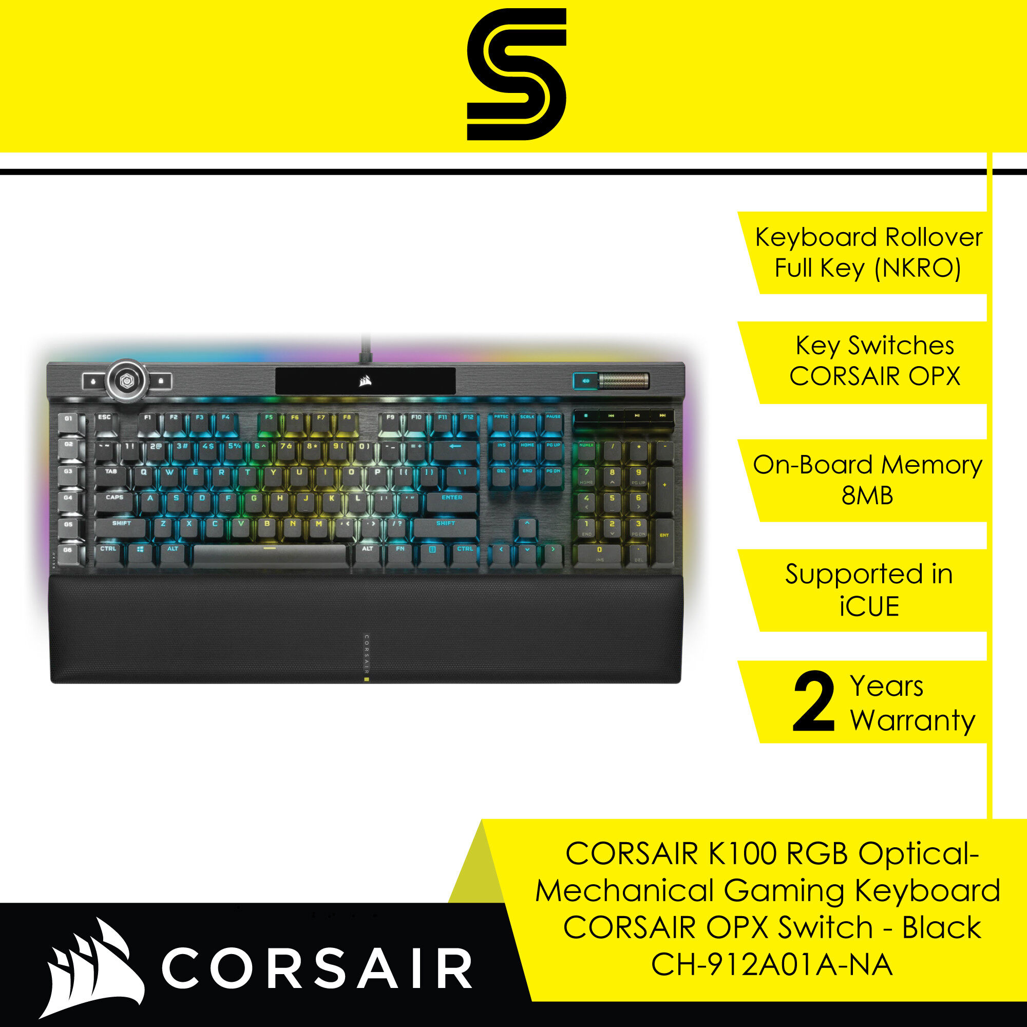 CORSAIR K100 RGB Optical-Mechanical Gaming Keyboard - CORSAIR OPX Switch - Black - CH-912A01A-NA