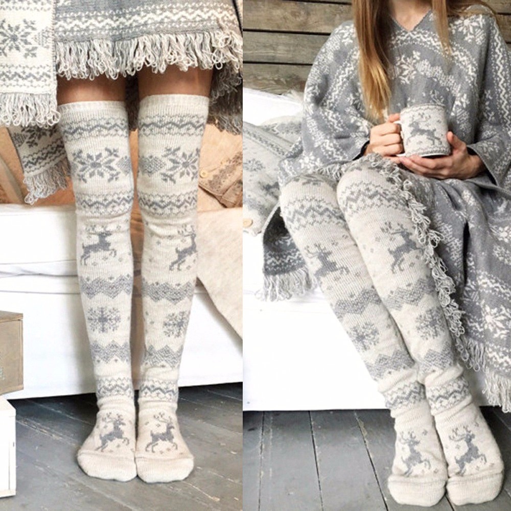 [Through socks] Women Christmas Reindeer Long Over The Knee Cotton Socks High Long Winter Knitting Over Knee Socks Xmas Knit Wool Socks