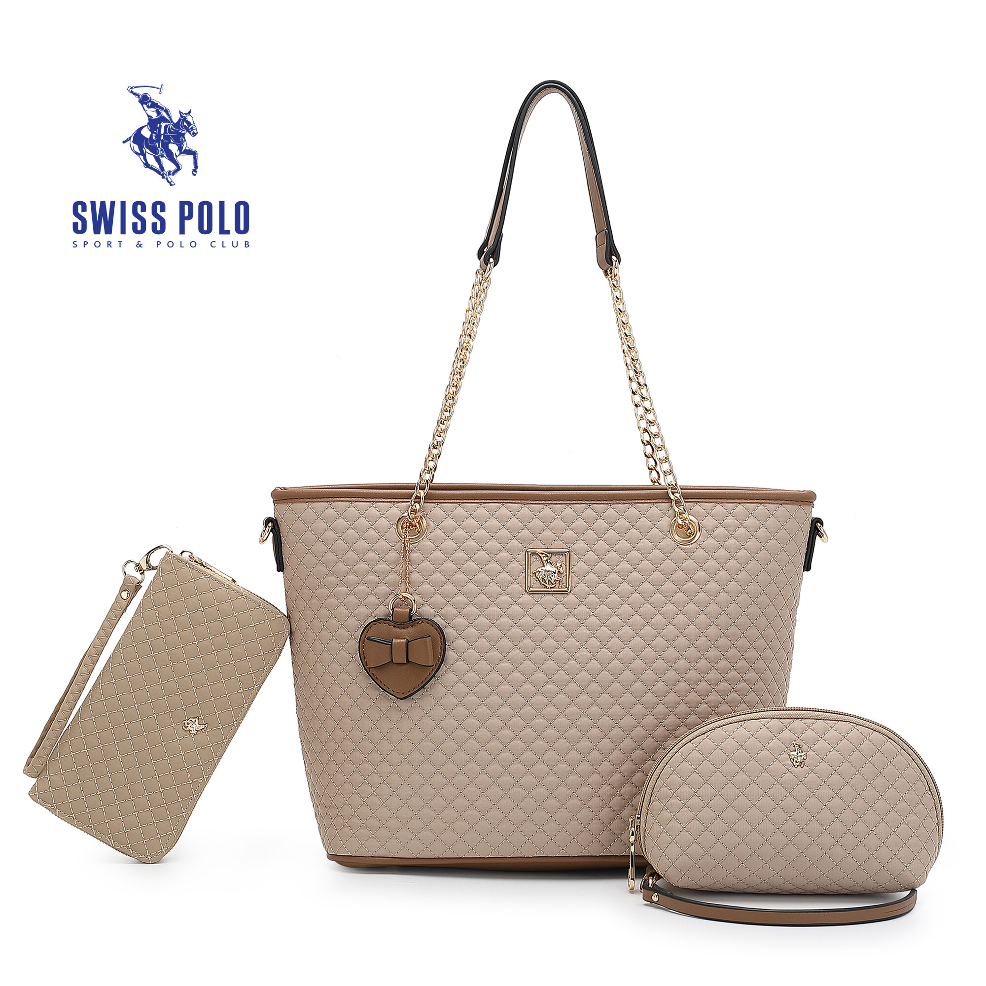 SWISS POLO Ladies 3 In 1 Ladies Quilted Bag With Pouch/ Long Purse HHP 3876-3 BEIGE