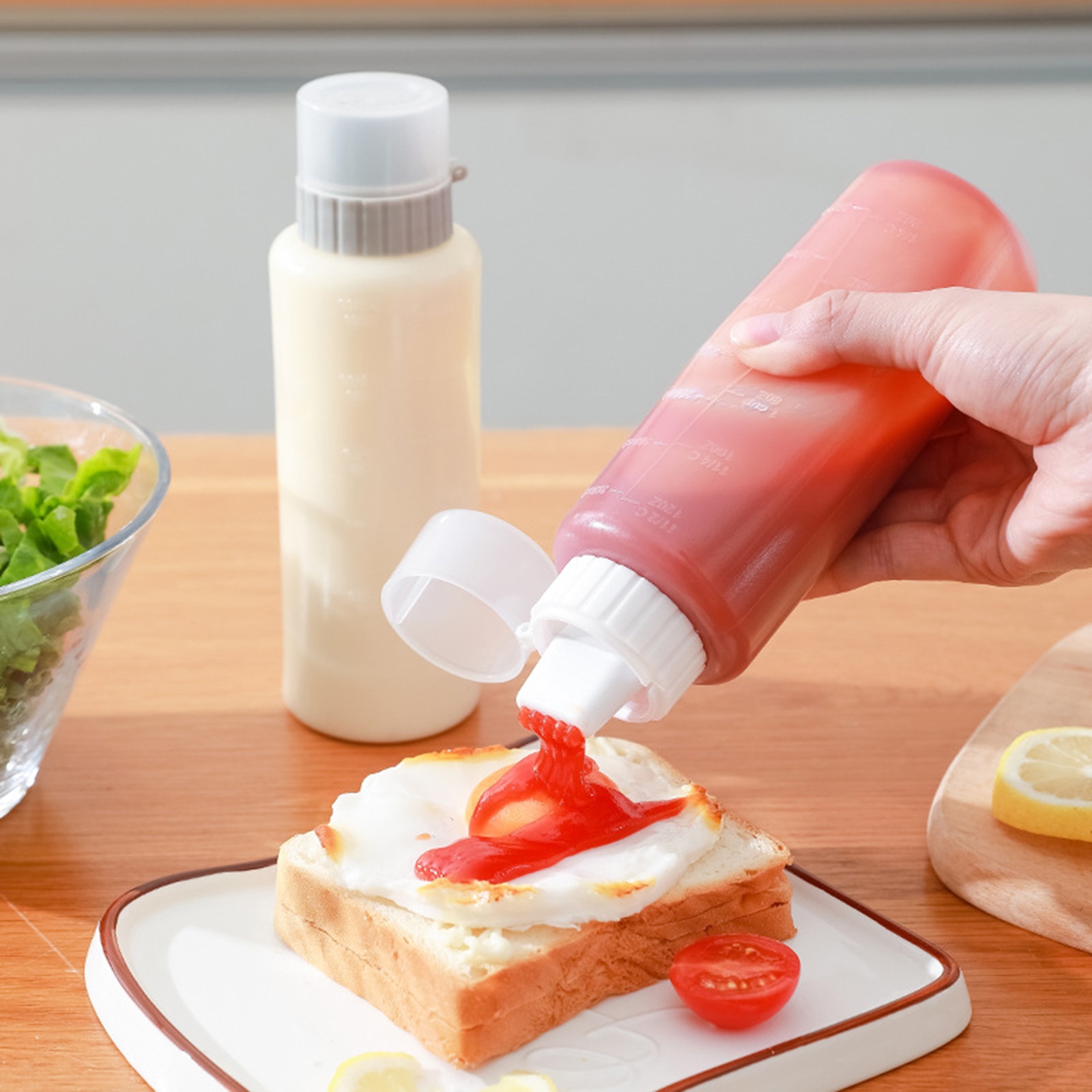 「orange kitchen」 5 Hole Household Squeeze Condiment Bottles With Nozzles Plastic Ketchup Mustard Hot Sauces Olive Oil Bottles Kitchen Accessories