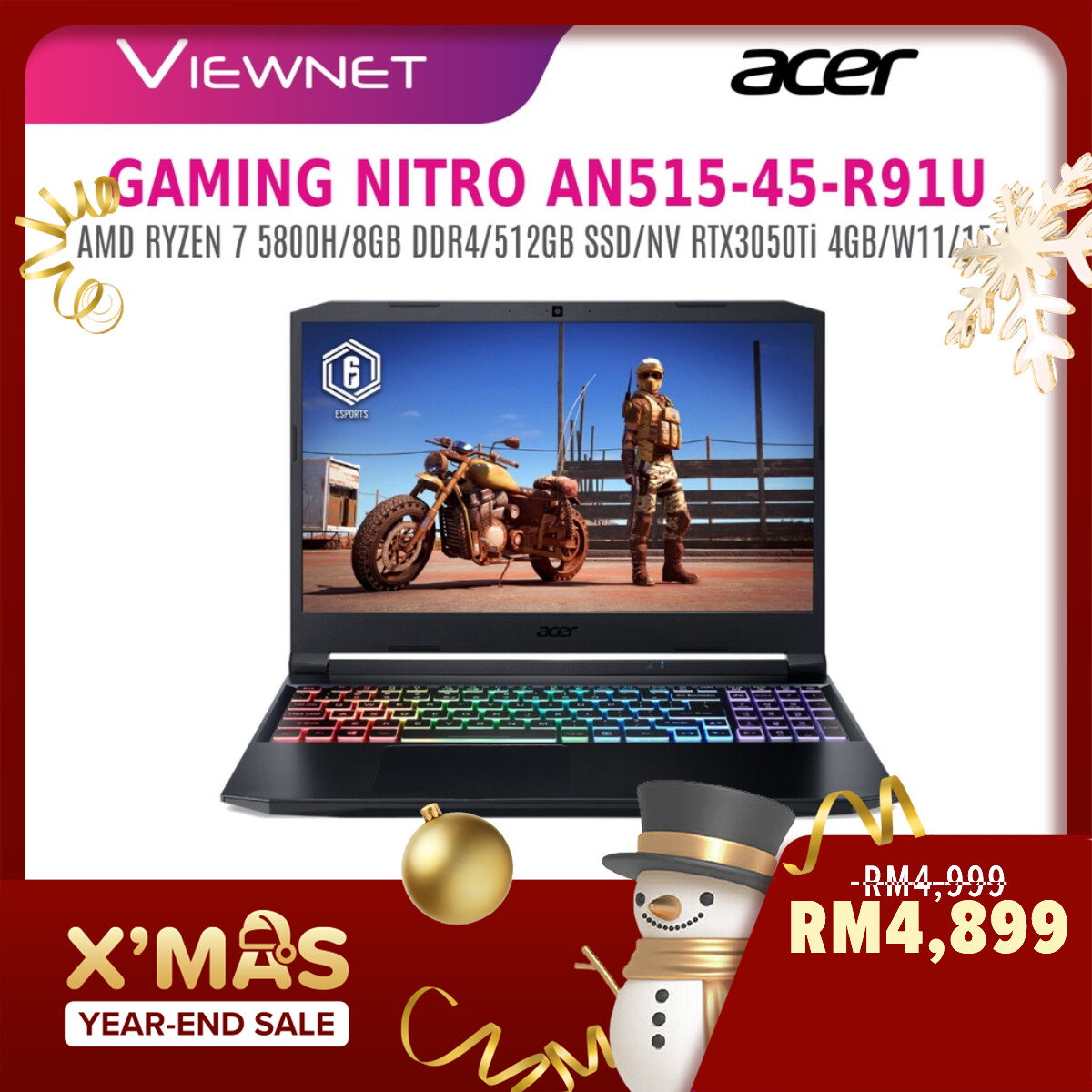 Acer Nitro 5 AN515-45-R91U 15.6'' FHD 144Hz Gaming Laptop ( Ryzen 7 5800H, 8GB, 512GB SSD, RTX3050Ti 4GB, W11)