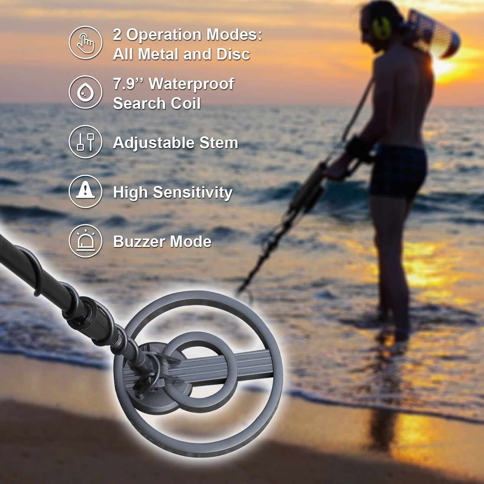 Metal Detector High Accuracy Adjustable Stem 7 Inch Waterproof Coil All Metal & Disc Modes for Underground Coins Relics Jewelry Beach Treasures (2)