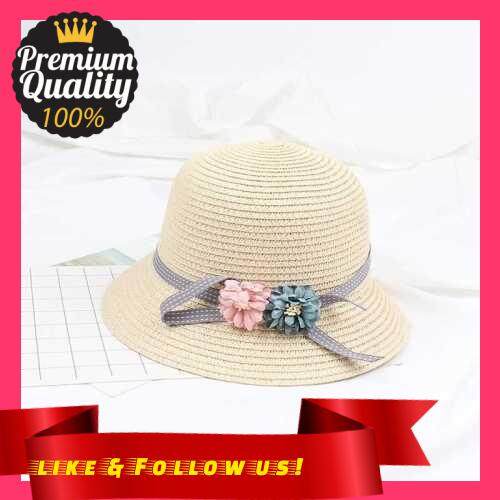 People's Choice Kids Girl Summer Sun Straw Hat Flower Adjustable Dome Panama Beach Holiday Cap (Beige)