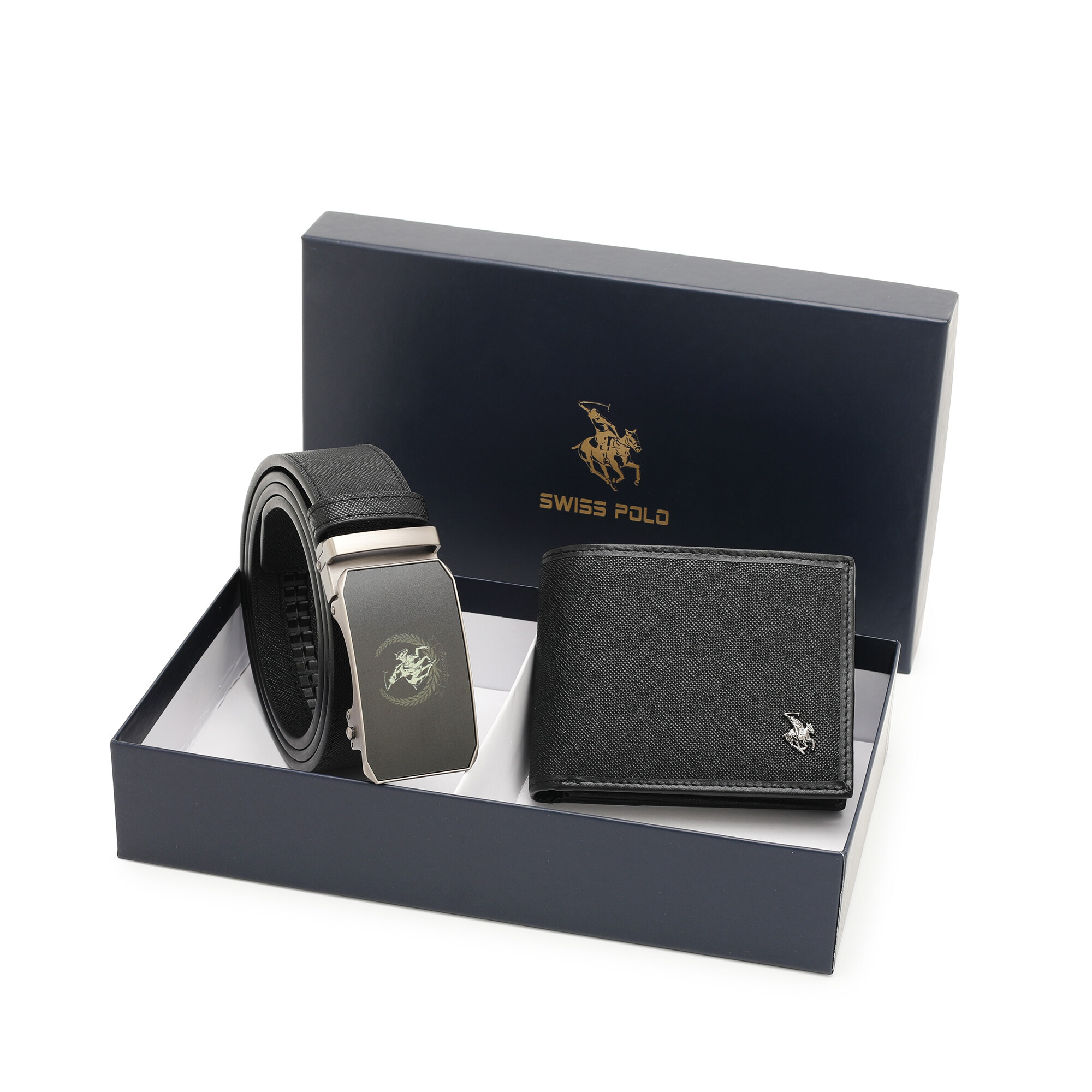 SWISS POLO Gift Set/ Box RFID Bifold Wallet With Belt SGS 559-2 BLACK