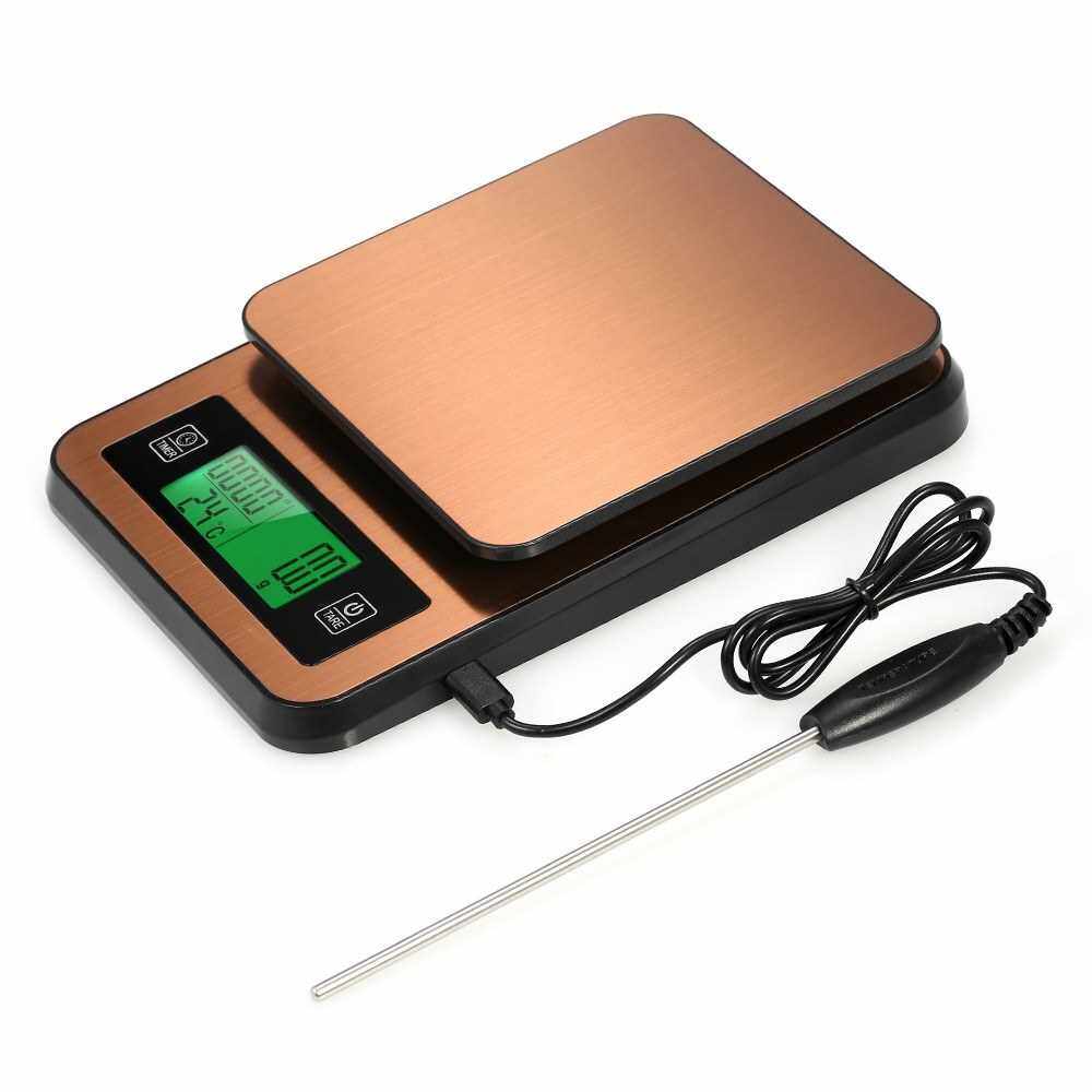 Digital Coffee Scale Multifunction Kitchen Food Scale with Timer Temperature Probe LCD Display Green Backlight 3000g/1g (Golden)