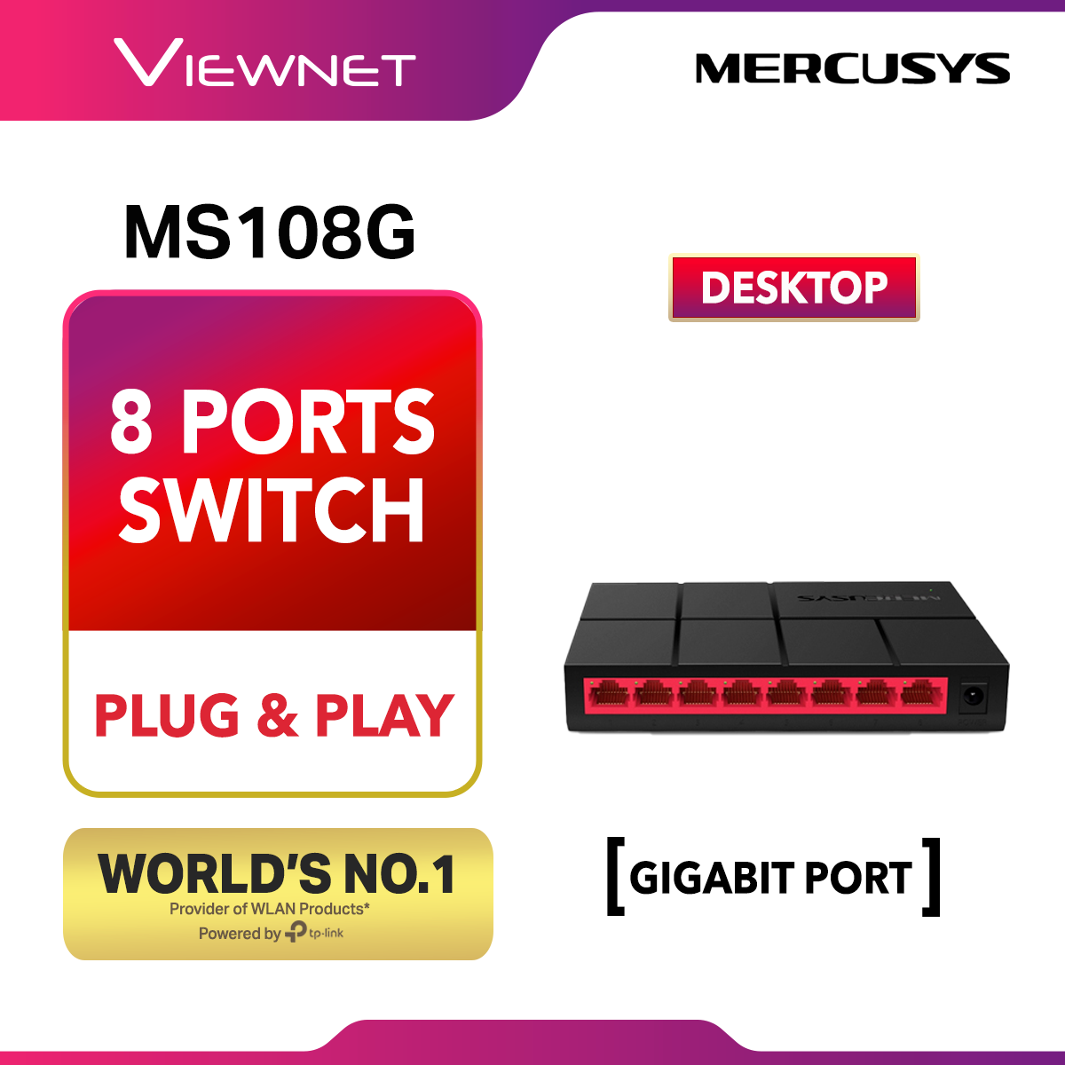 Mercusys MS108G (Powered by TP-Link) 8-Port Gigabit 10/100/1000 Mbps Desktop Network Ethernet LAN Switch MS108G (TP LINK)