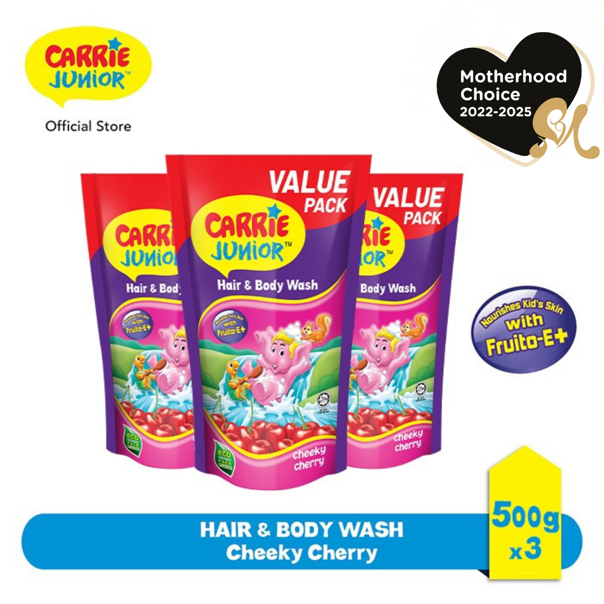 [Bundle of 3] CARRIE JUNIOR Hair & Body Wash - Cheeky Cherry Pouch 500g