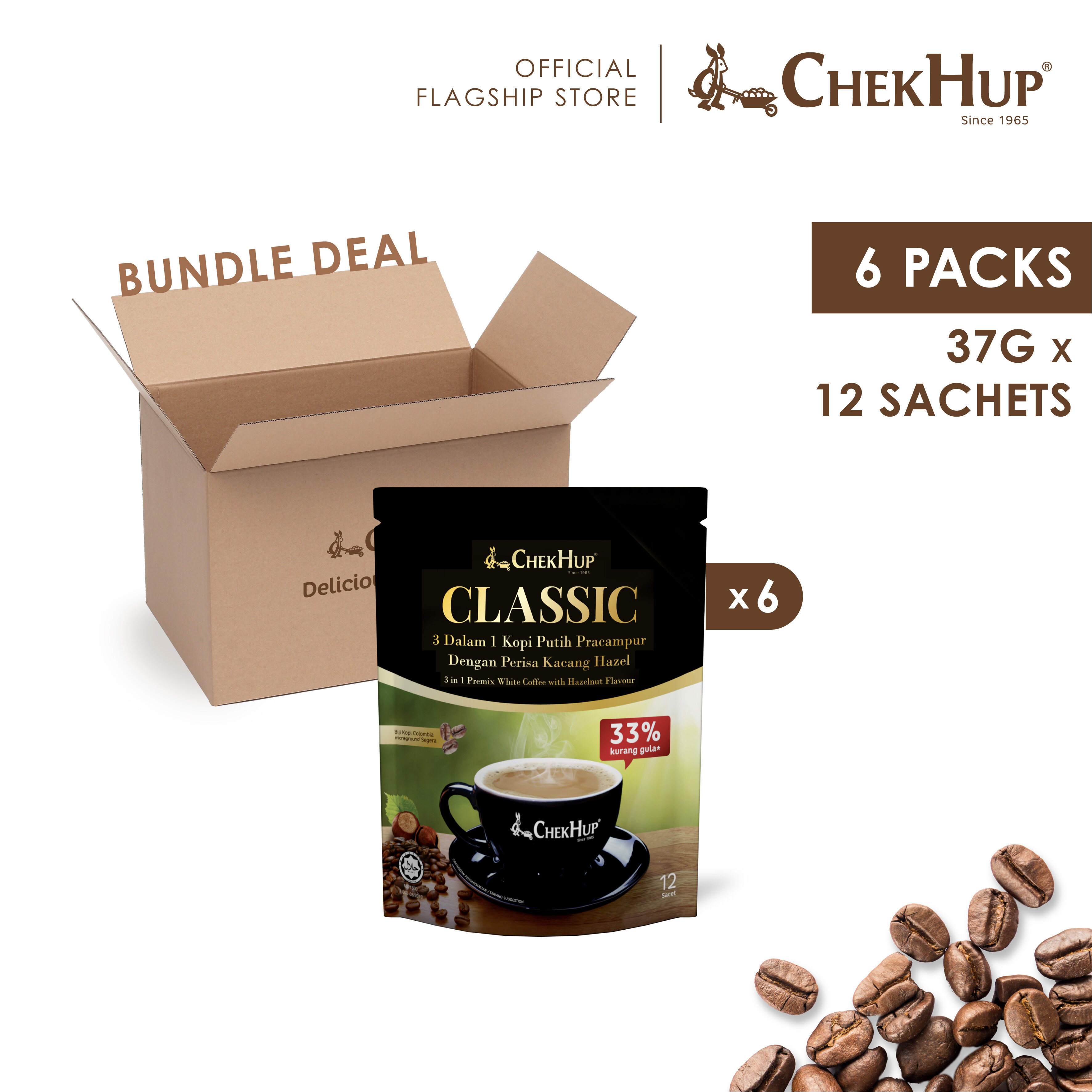 Chek Hup 3in1 Classic Colombian White Coffee with Hazelnut (33% Less Sugar) 37g x 12s (Bundle of 6)