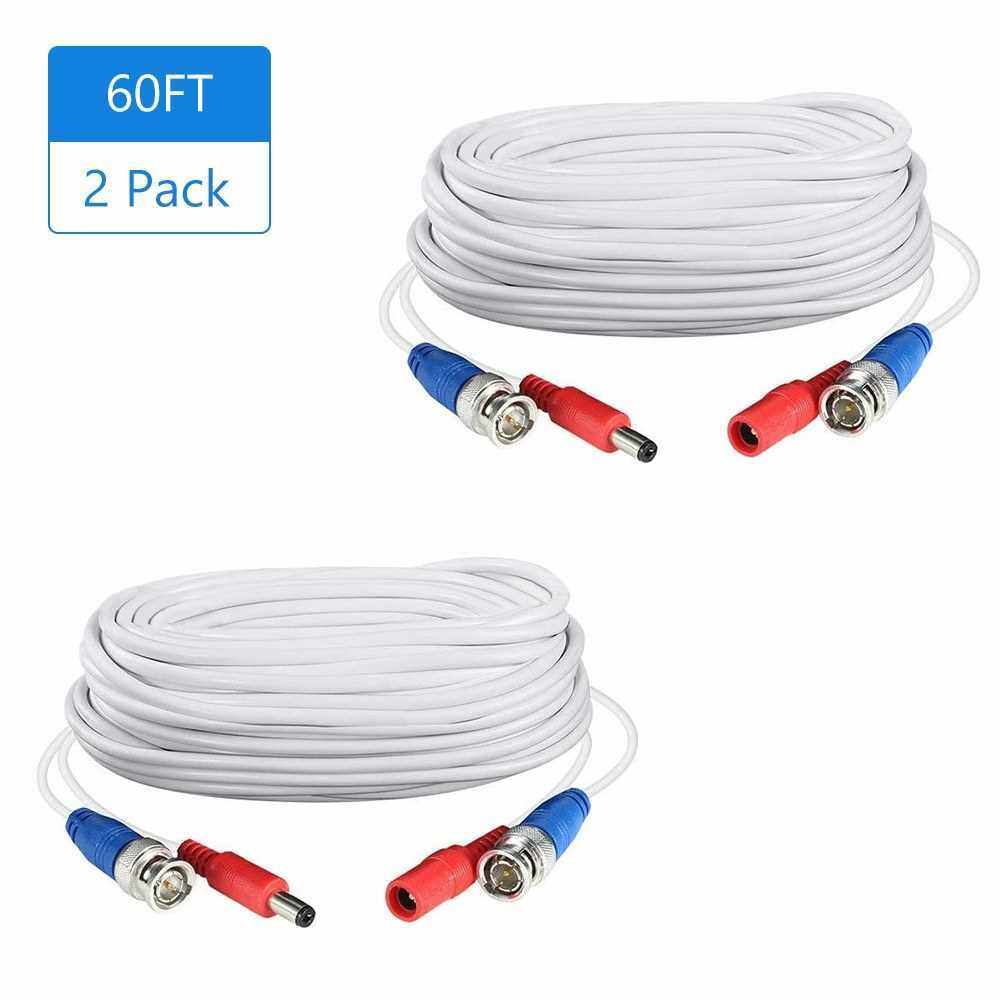 2Pack White 60ft /18.3m 2-in-1 Video Power CCTV Cable BNC Extend Cord for Home Security Surveillance Cameras DVR System (White)