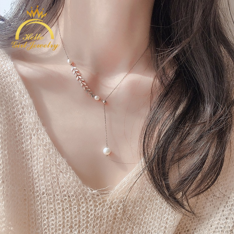 Hello Girl Jewelry Ins Personality Vòng cổ không đối xứng Chuỗi hạt lúa mì vàng Dây chuyền xương đòn đơn giản Dây chuyền ngọc trai hoang dã