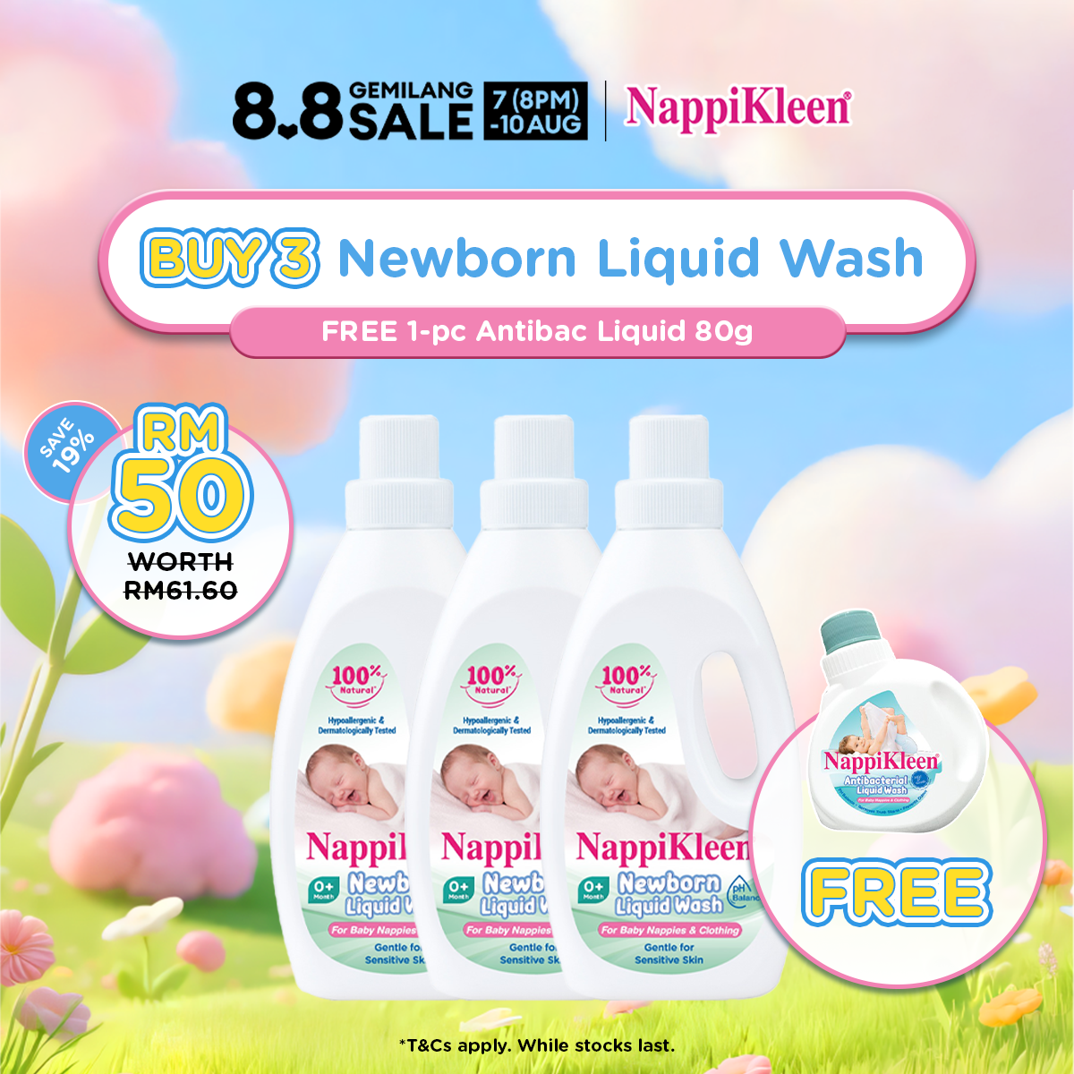 [8.8 Exclusive] Nappikleen Newborn Liquid Wash 1KG x3 + Nappikleen Antibacterial Liquid Wash 80g