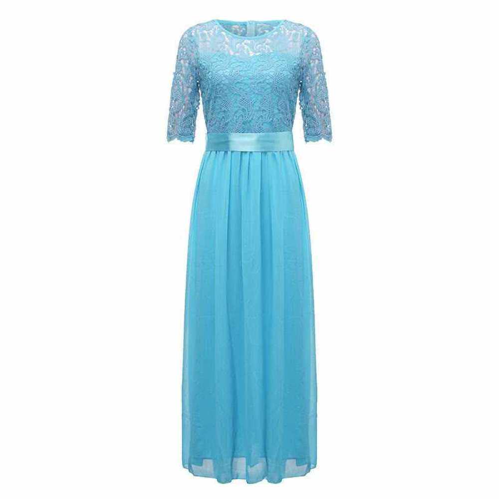 Women Dress Lace Chiffon Half Sleeve Slim Maxi Long Gown Elegant Princess Evening Party One-Piece (Blue)