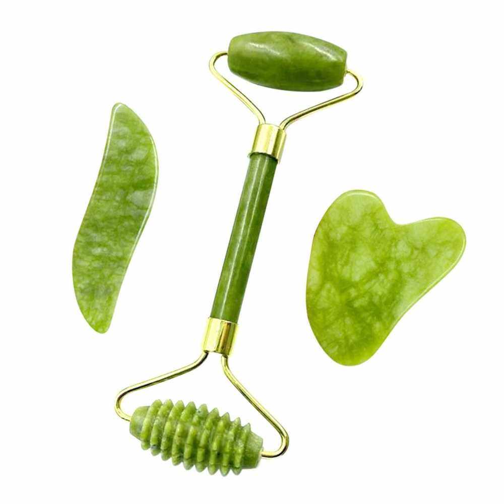 Jade Stone Set Jade Roller & 2 Gua Sha Scrapers in Different Shapes Massage Tools for Facial Skin Care Anti-aging Face Eye Neck Beauty Roller Facial Massager (Standard)