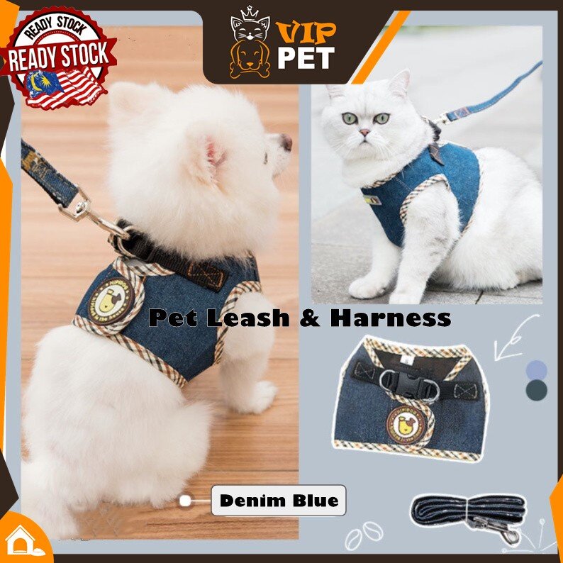 【Malaysia High Quality Rdy】 Pet Tali Cat Dog Adjustable Denim Leash and Harness Tali Kuching Breathable Durable Washable