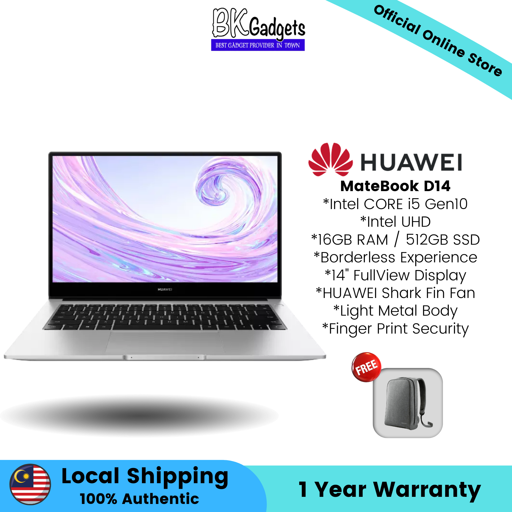 Huawei MateBook D14 - Intel CORE i5 Gen10 | 16GB RAM / 512GBSSD | 14" Full View Display