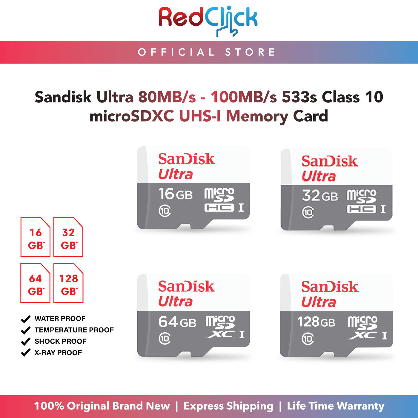 SanDisk Ultra 16GB / 32GB / 64GB / 128GB 100MB/s 533x Class 10 microSDXC UHS-I Memory Card