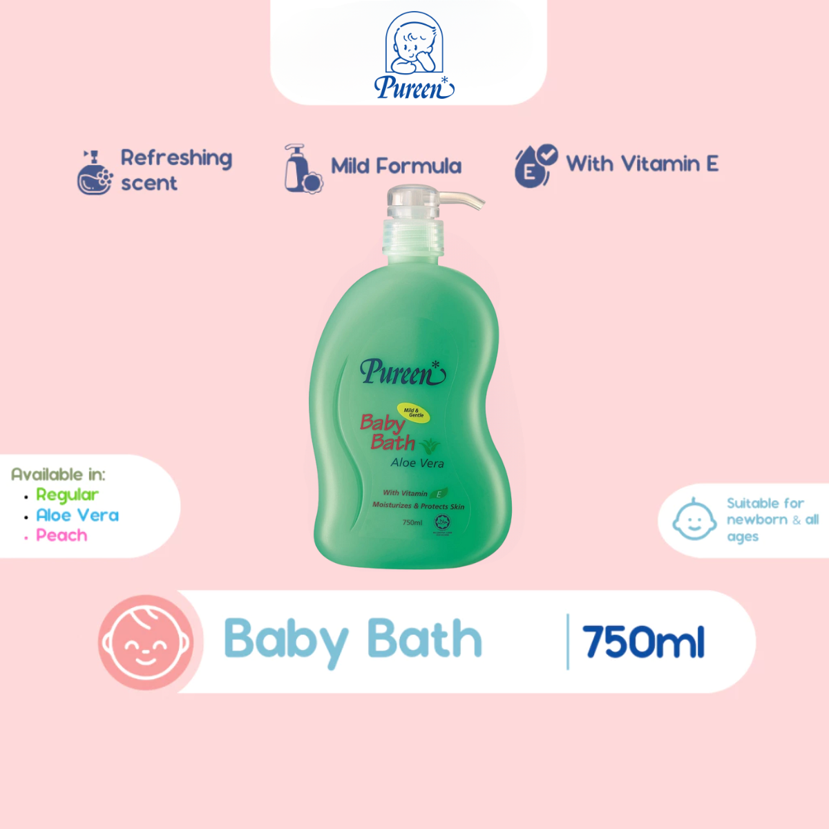 PUREEN BABY BATH MILD & GENTLE ALOE VERA 750ML