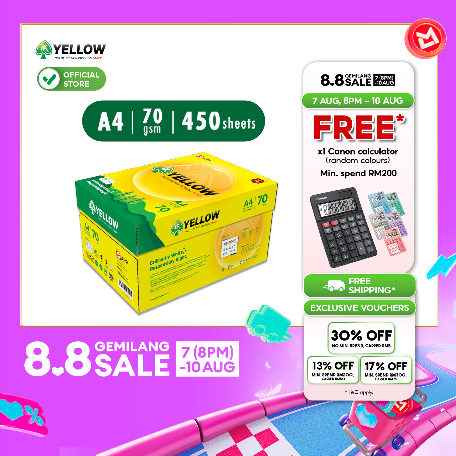 IK Yellow 450s 70gsm A4 paper 1 Carton box (10 Reams) (450 sheets/ream)