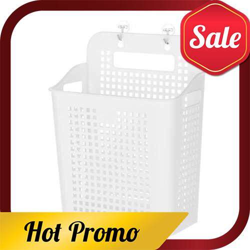 Plastic Laundry Basket with Adhesive Hooks and Portable Handle Storage Baskets No Drilling Installation for Kitchen Bathroom Laundry Room (White)