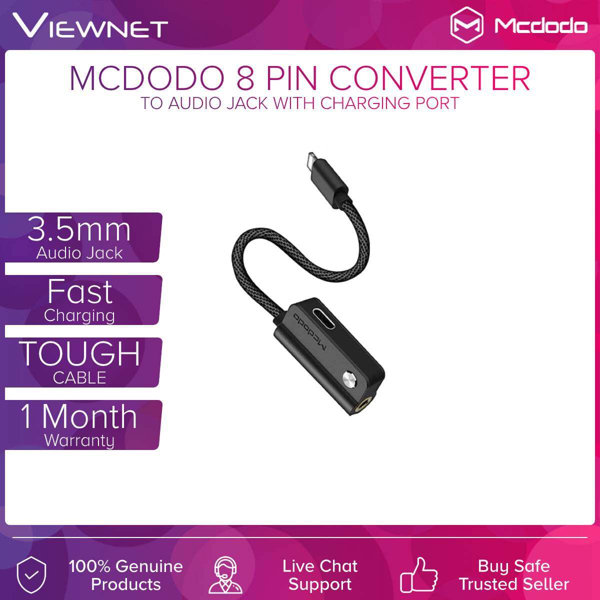 Mcdodo 8 Pin to DC 3.5mm and 8 Pin Black Convertor Cable (CAB-CA347-1)