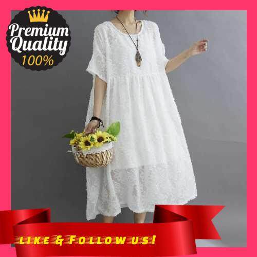 People's Choice Women Floral Lace Dress Elegant Mid-Calf Loose O-Neck Short Sleeves Dress Plus Size (White)