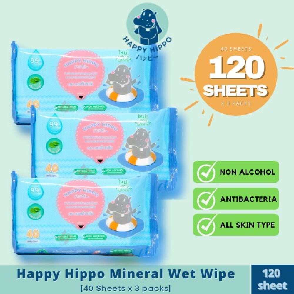 [ Local Ready Stocks ] Combo Set 3 packs - HAPPY HIPPO Mineral Wet Wipes Antibacterial Tissues Hydrate No Alcohol