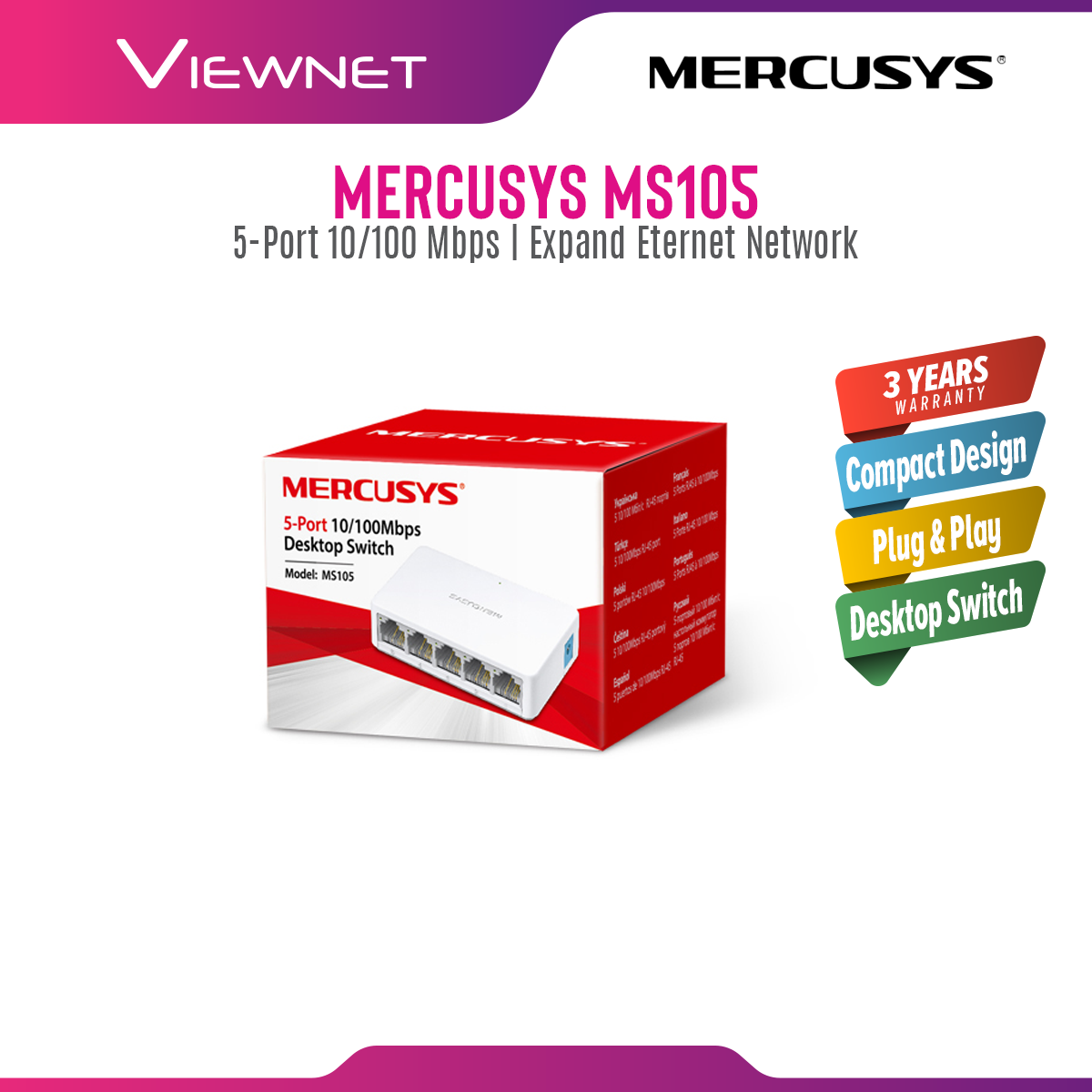 Mercusys 5-Port 10/100Mbps Desktop Network Ethernet LAN Switch MS105 (Powered by TP-Link) TP Link