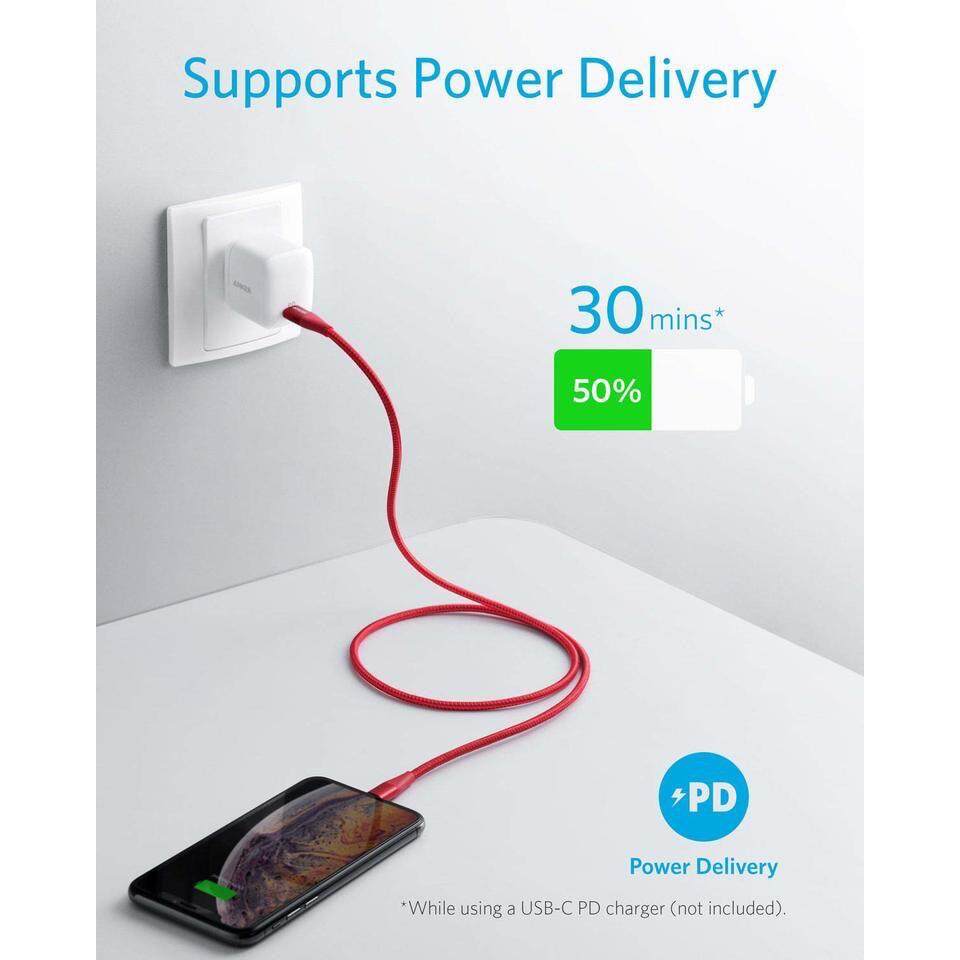 Anker A8652 Powerline+ II Nylon Braided MFI USB C to Lightning Cable Supports Power Delivery (3ft/0.9m)  Black/Red