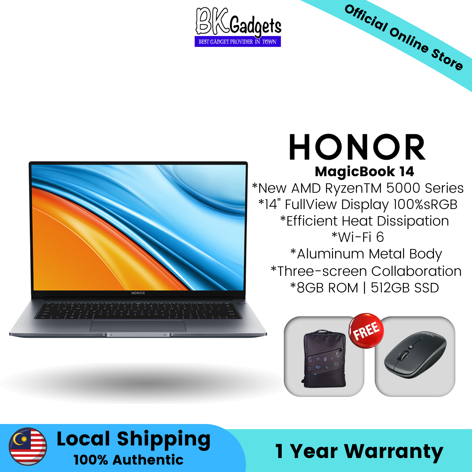 Honor MagicBook 14 (8GB + 512GB) - New AMD RyzenTM 5000 Series | 14Inch FullView | Three - Screen Collaboration