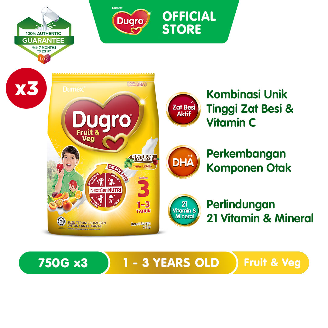 Dumex Dugro Step 3 Fruit & Veg Growing Up Milk Formula 1 - 3 years 750g X 3 (Susu Milk Powder 奶粉)