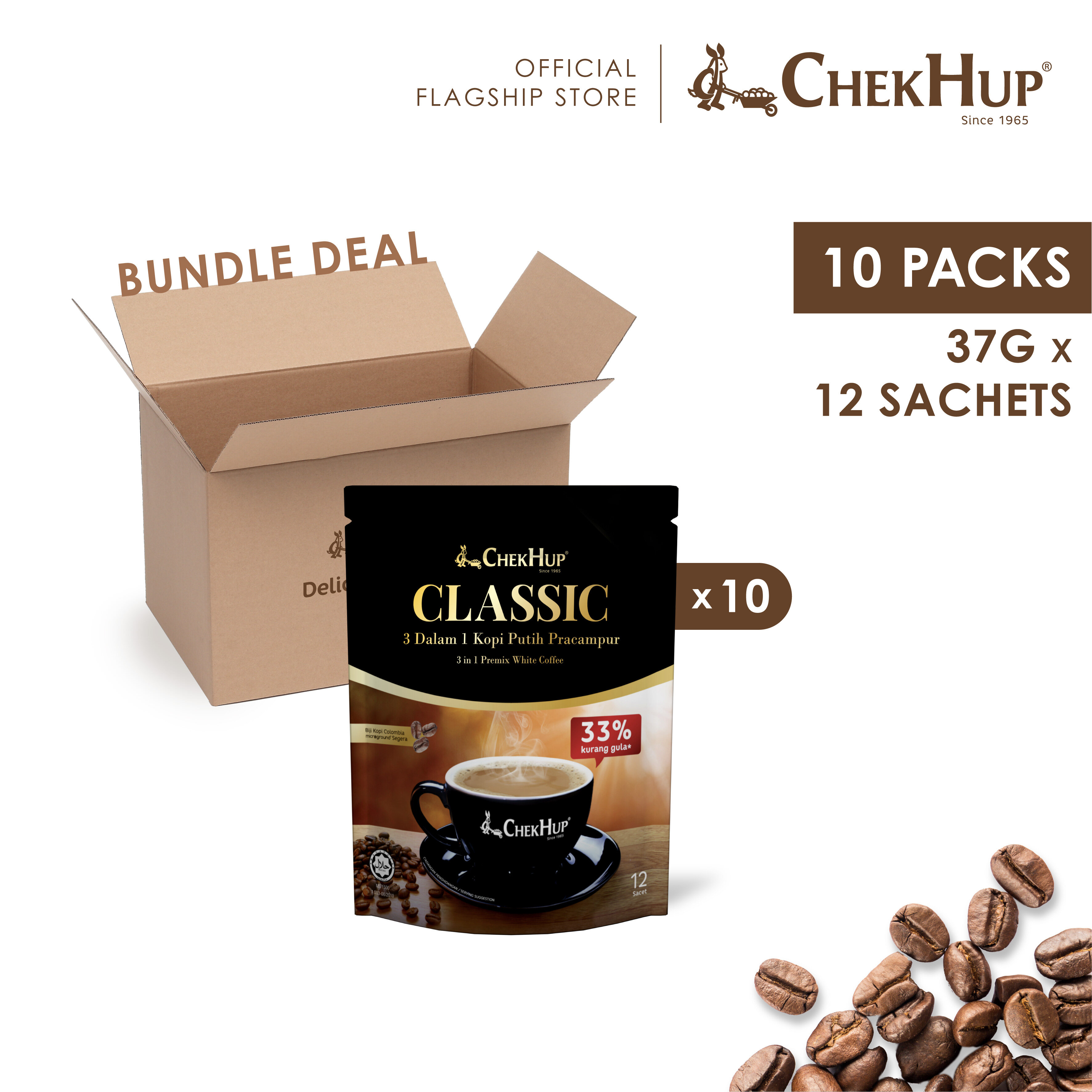Chek Hup 3in1 Classic Colombian White Coffee (33% Less Sugar) 37g x 12s [Bundle of 10]