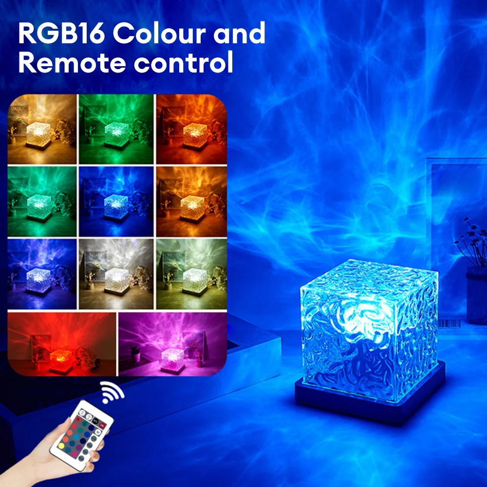 Lumens Rotating Water Ripple Night Light 16-Color Creative Projector Night Light Lighting Lamp With Sea Wave With Remote Druable Crystal Lamp Gift RGB水晶台灯