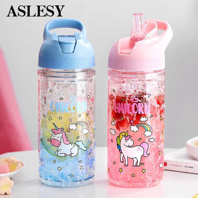 Bình Nước Cầm Tay 400Ml Có Ống Hút Cốc Đá Kỳ Lân Thời Trang Cốc Uống Nước